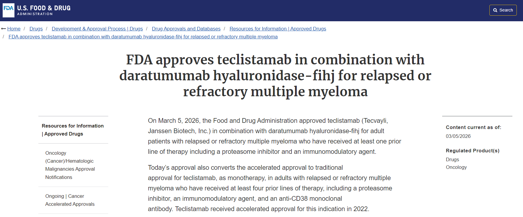 美国FDA批准teclistamab联合治疗方案用于多发性骨髓瘤