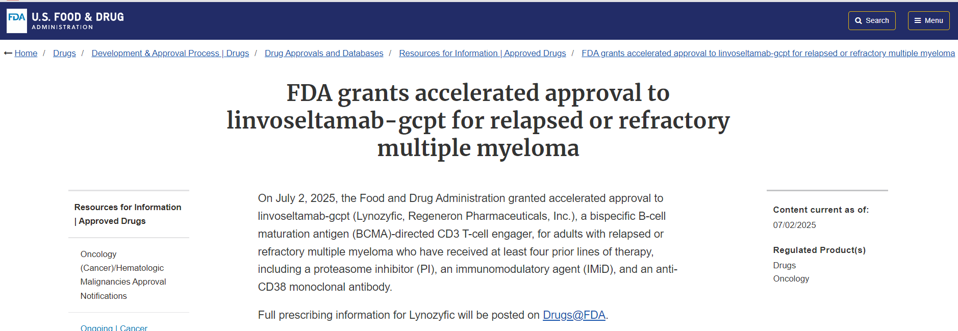 美国FDA批准Linvoseltamab用于多发性骨髓瘤