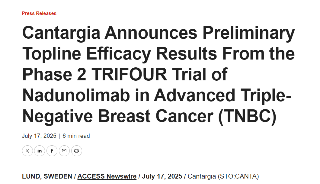Cantargia 宣布 Nadunolimab 治疗晚期三阴性乳腺癌 （TNBC） 的 2 期 TRIFOUR 试验的初步顶线疗效结果