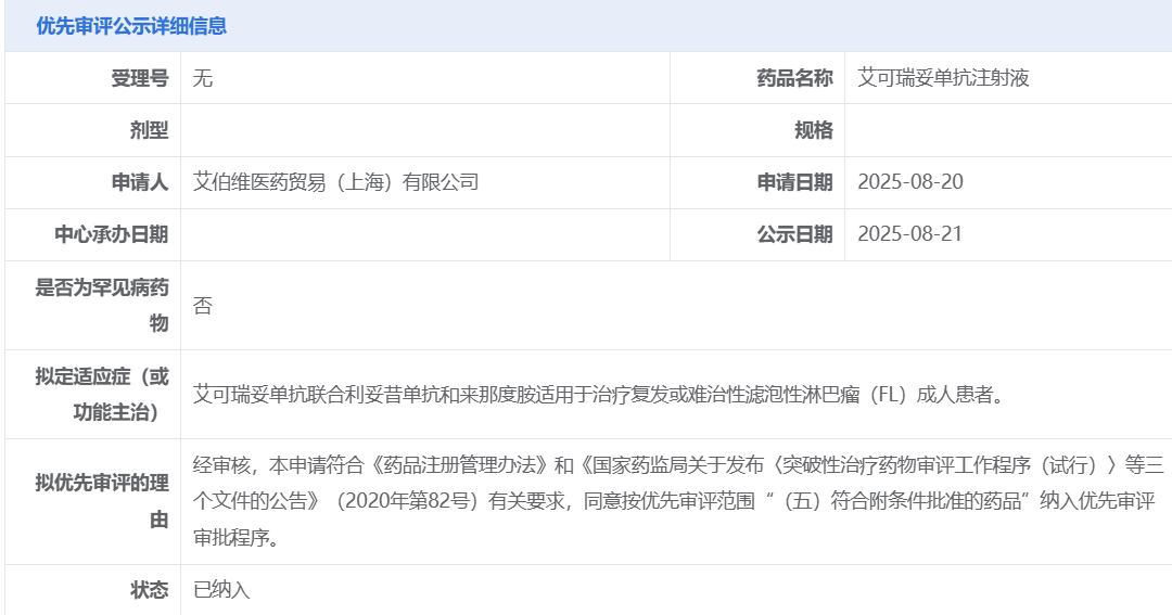 艾可瑞妥单抗注射液纳入优先审评