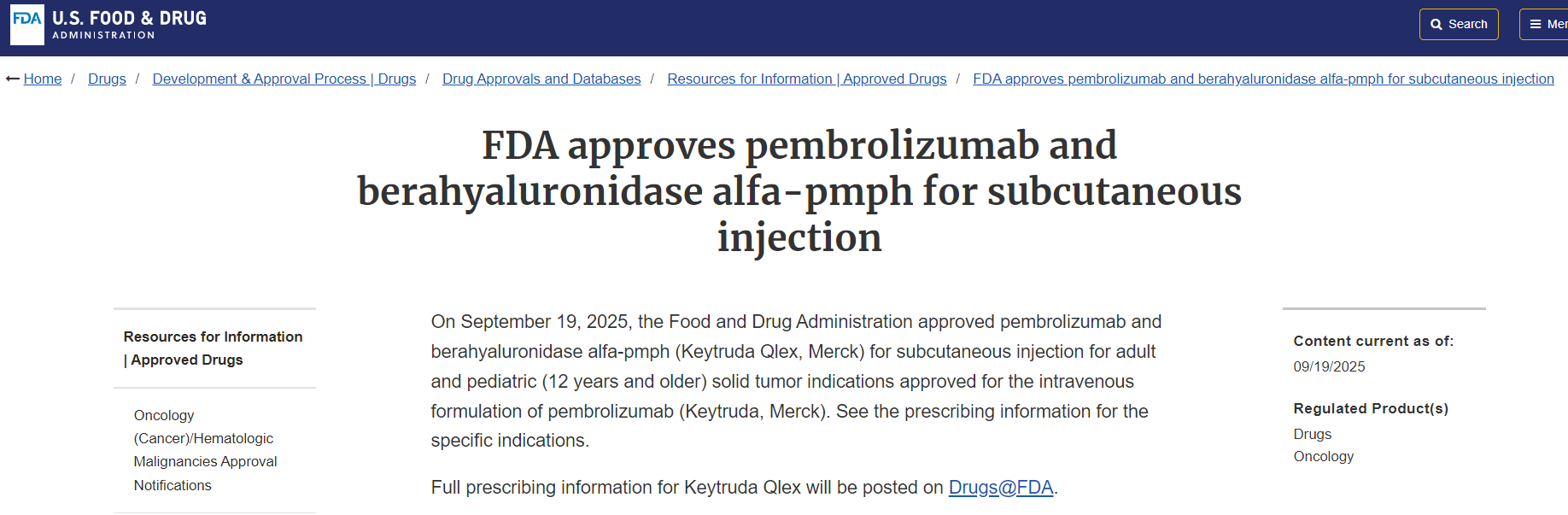 FDA 批准 pembrolizumab 和 berahyaluronidase用于皮下注射