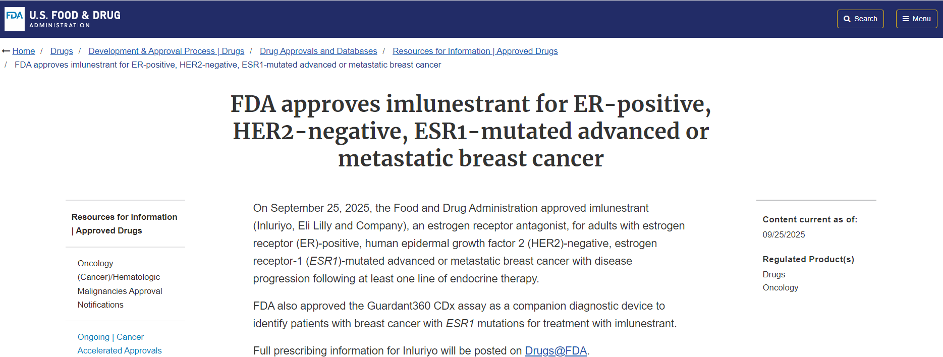 美国FDA批准imlunestrant用于ER+、HER2-、ESR1突变晚期乳腺癌