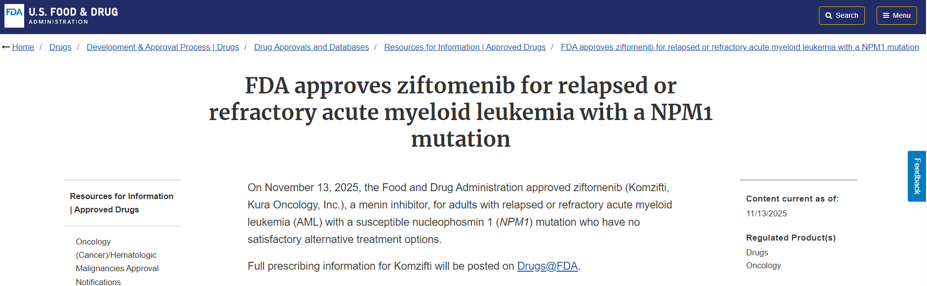 美国FDA批准ziftomenib用于NPM1 突变的复发或难治性急性髓性白血病患者