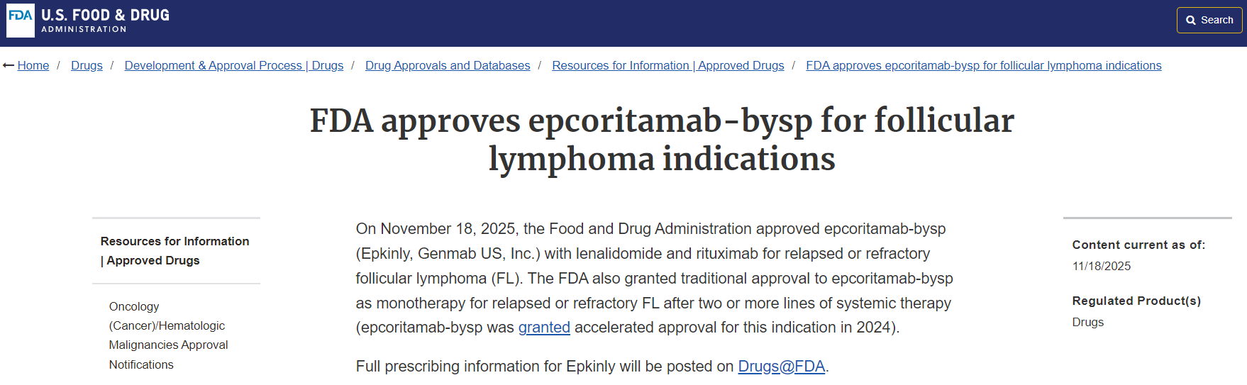 EPKINLY联合治疗方案获得美国FDA批准用于滤泡性淋巴瘤