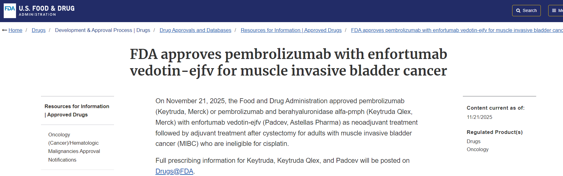 美国FDA批准不适合接受顺铂治疗的肌层浸润性膀胱癌成人患者新治疗选择