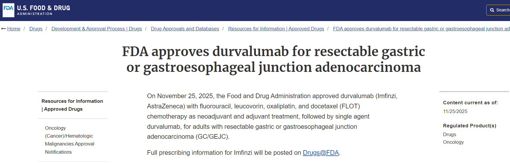 度伐利尤单抗（durvalumab）联合方案获得美国FDA批准