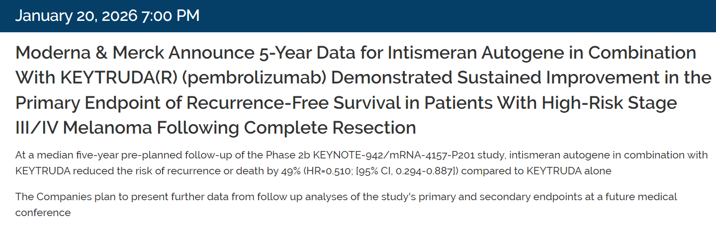 mRNA疫苗mRNA-4157五年随访数据公布